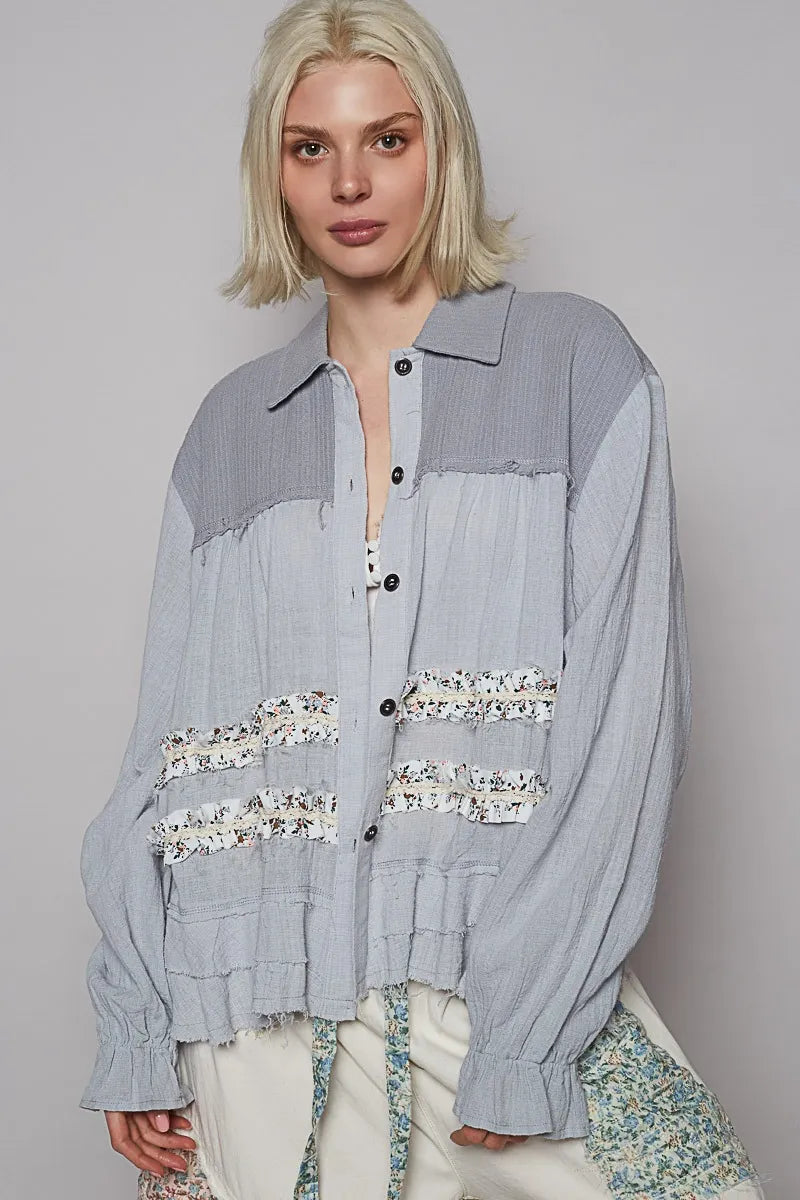 Floral Ruffle Accent Washed Buttoned Shirt Jacket
