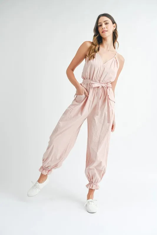 Washed Fabric Spaghetti Strap Waist Belted Jumpsuit