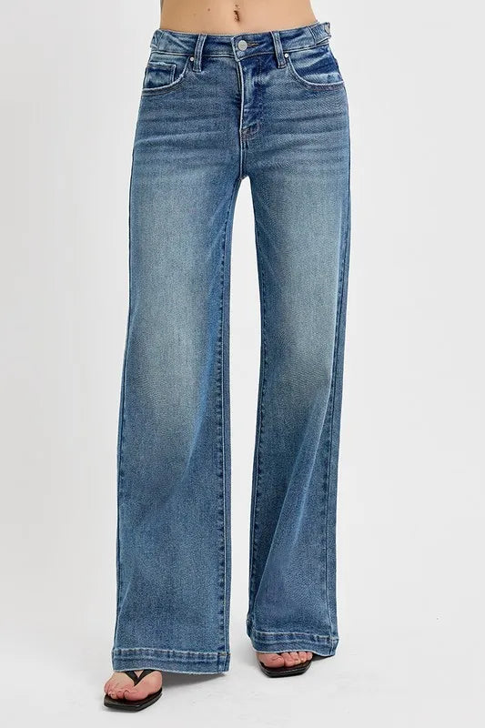 High Rise Adjustable Waist Wide Leg Tummy Control Jeans