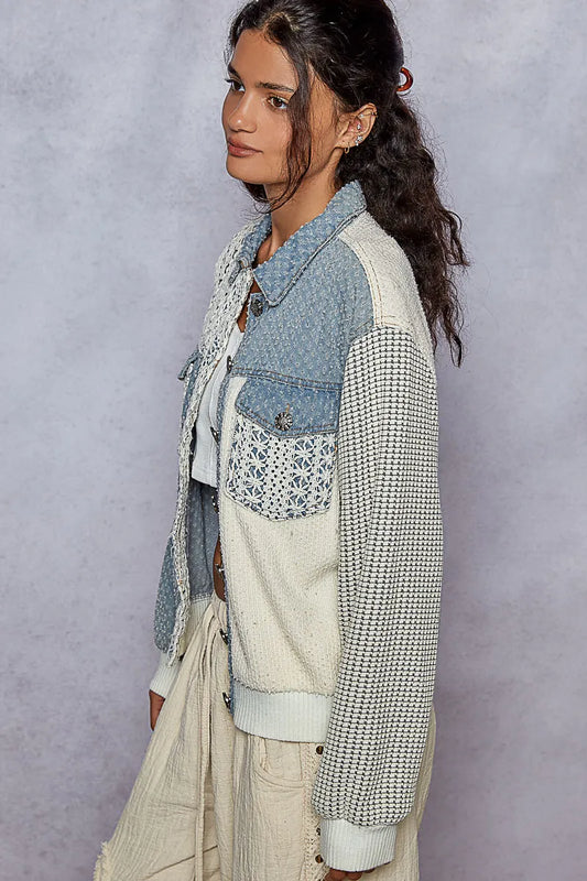 Patchwork Lace Accent Oversized Jacket with Pockets