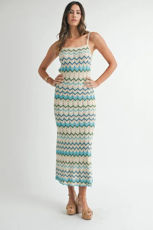 Lightweight Pointelle Chevron Knit Maxi Dress