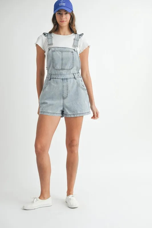 Square Neck Ruffle Shoulder Denim Overall Romper