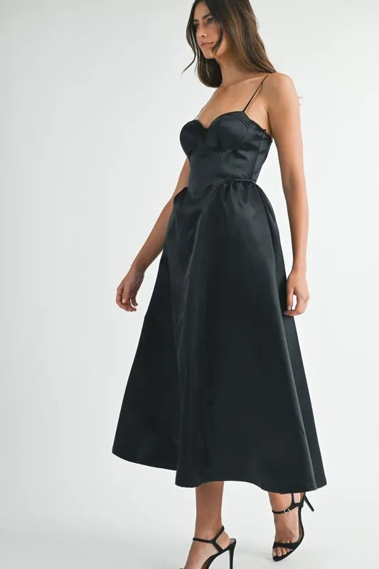 Solid Taffeta Spaghetti Strap Bustier Midi Dress