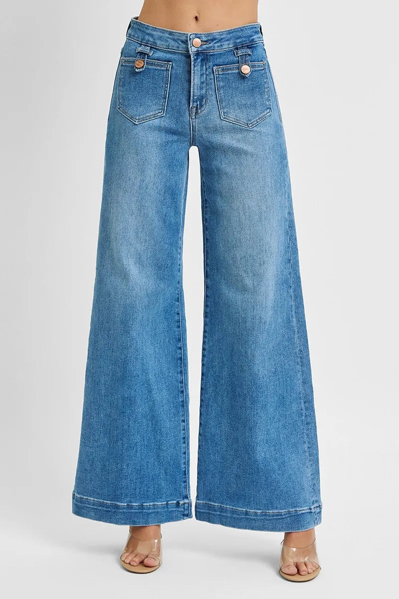 Full Size Mid Rise Wide Leg Front Pocket Denim