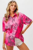 Leopard Print Short Sleeve Silky Satin Shirt Top