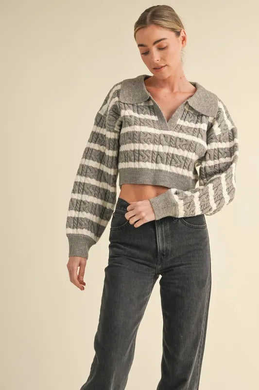 Pale Collared Striped Cropped Cable Knit Sweater