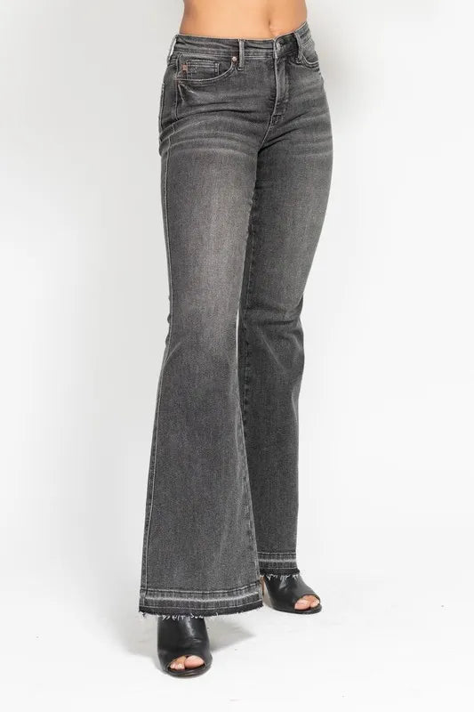 Full Size Midi Rise Tummy Control Washed Gray Release Hem Flare Jeans Plus Size