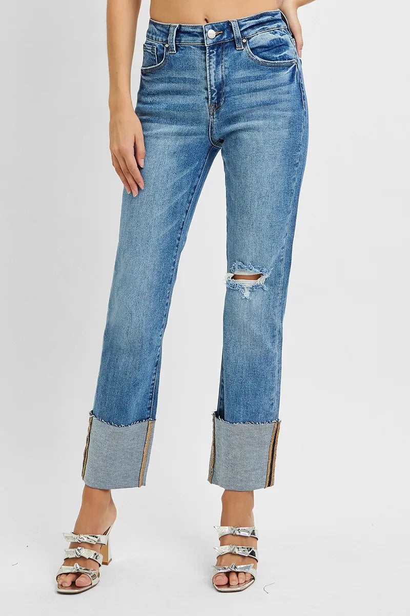 Full-Length High Waist Ankle Wide Cuff Jeans
