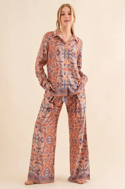 Satin Paisley Pattern Waist Ribbon Pants