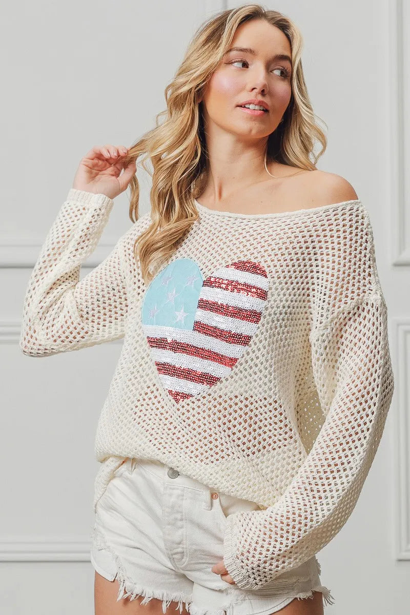Sequin American Flag Heart Knit Up
