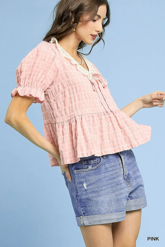 Gingham Lace Peplum Blouse with Puff Sleeves