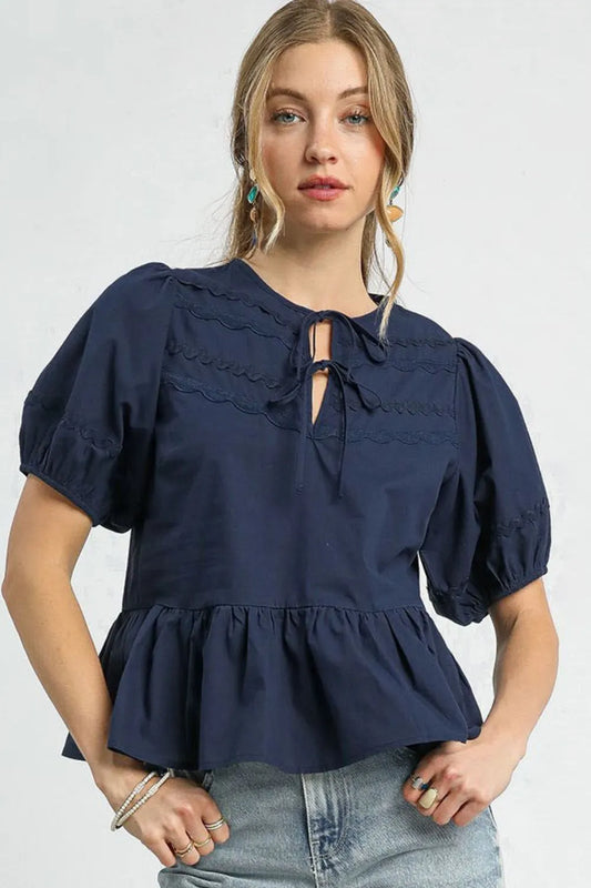 Peplum Tie-Front Puff Sleeve Top