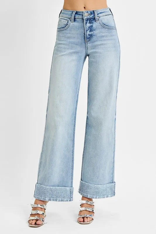 Full Size High Waist Ankle Wide Cuffed Jeans