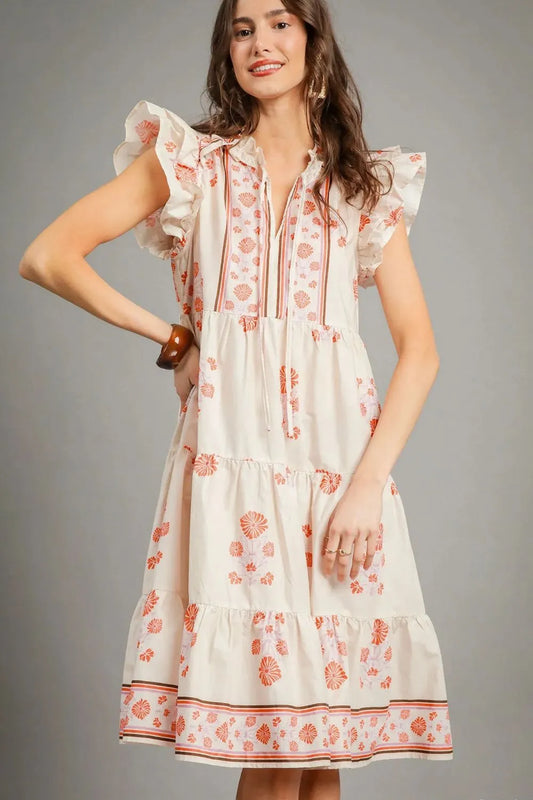 Bohemian Floral Tie Neck Flutter Sleeve Midi Dress