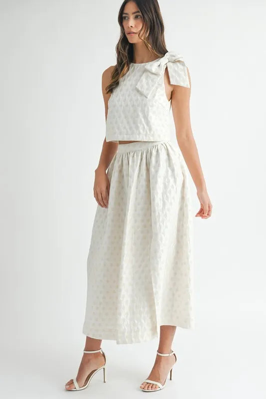 Taffeta Polka Dot Shoulder Ribbon Top and Skirt Set