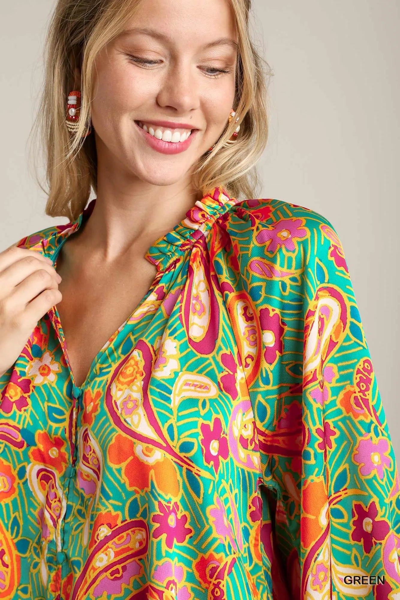 Ruffled Satin Paisley Neckline Button Down Shirt