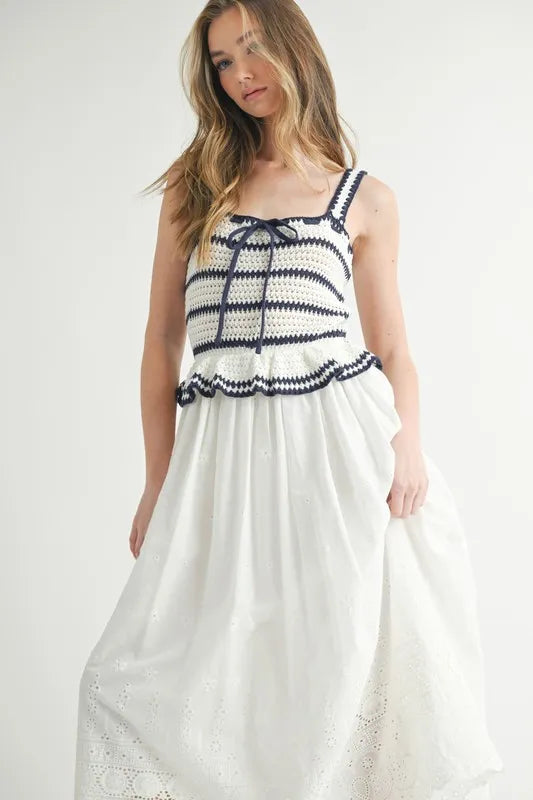 Crochet Stripe Knit Eyelet Mix Midi Dress