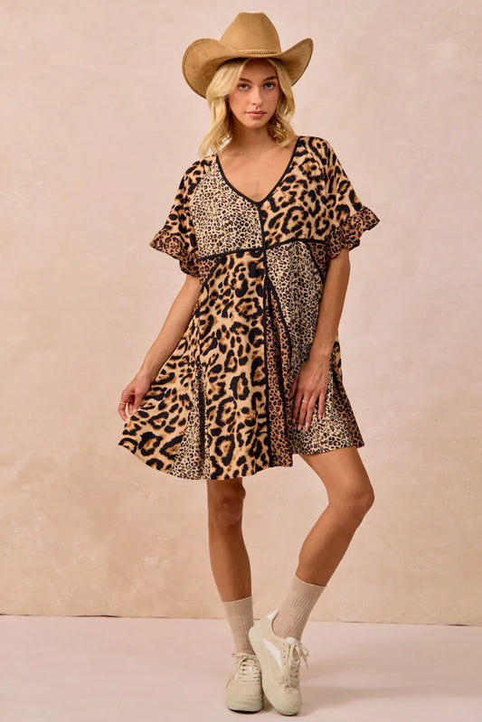 Leopard Prints Mix and Match Short Sleeves Dress
