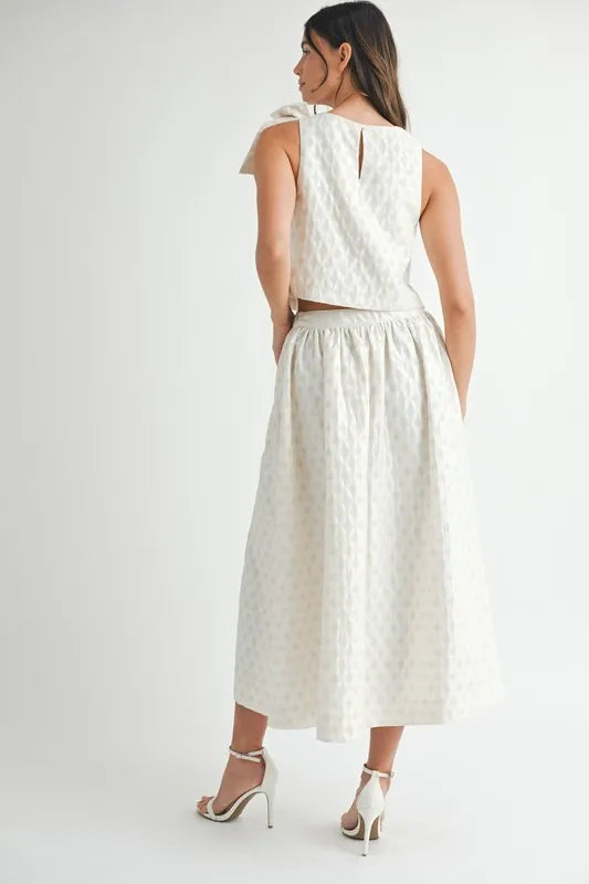 Taffeta Polka Dot Shoulder Ribbon Top and Skirt Set