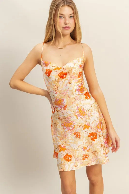 Floral Cowl Neck Flirty Satin Mini Dress