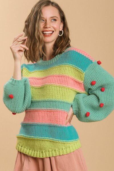 Full Size Color Block Cable Knit Sweater with Pom Pom Plus Size