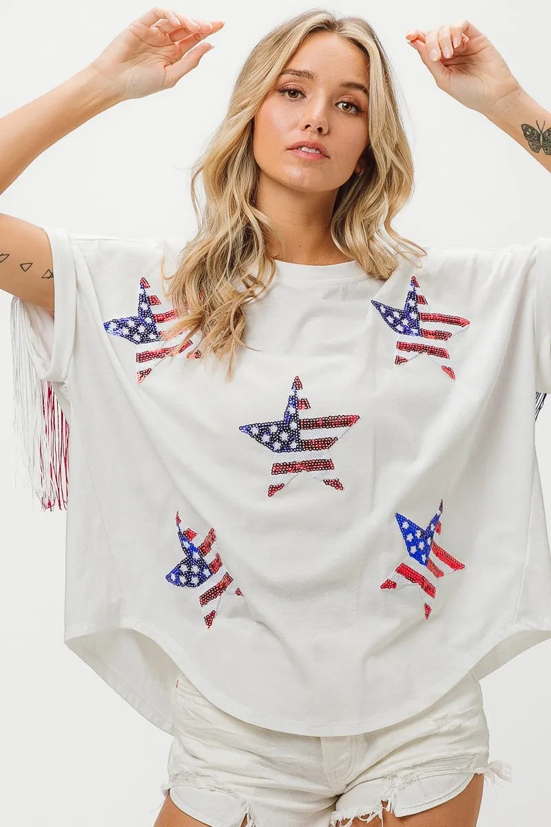 American Flag Sequin Star Fringe Top