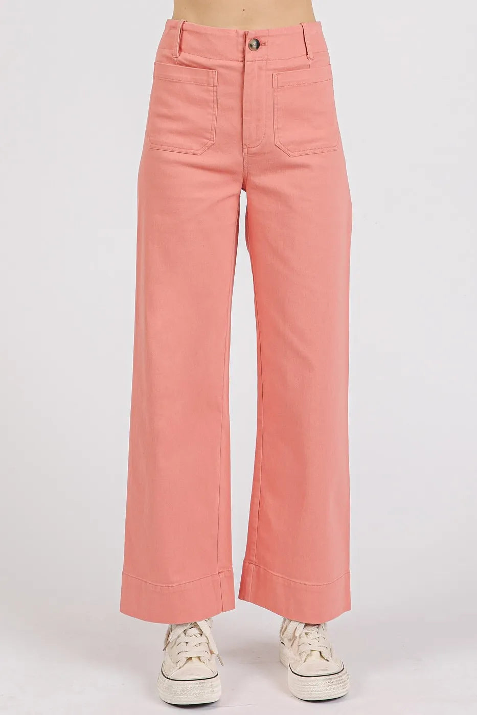 Twill Patch Pocket High Rise Wide Leg Pants