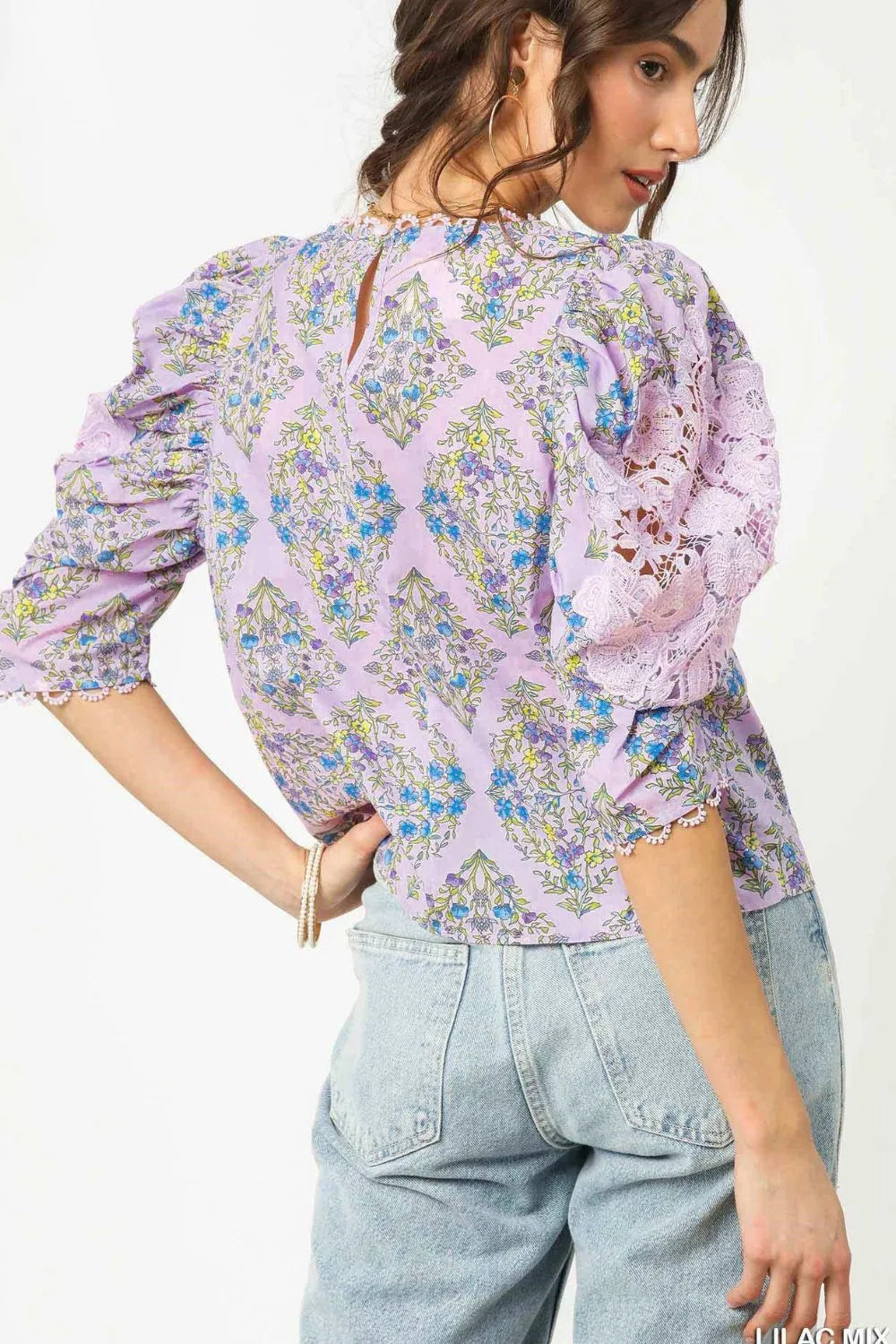 Printed Lace Puff Sleeve Blouse