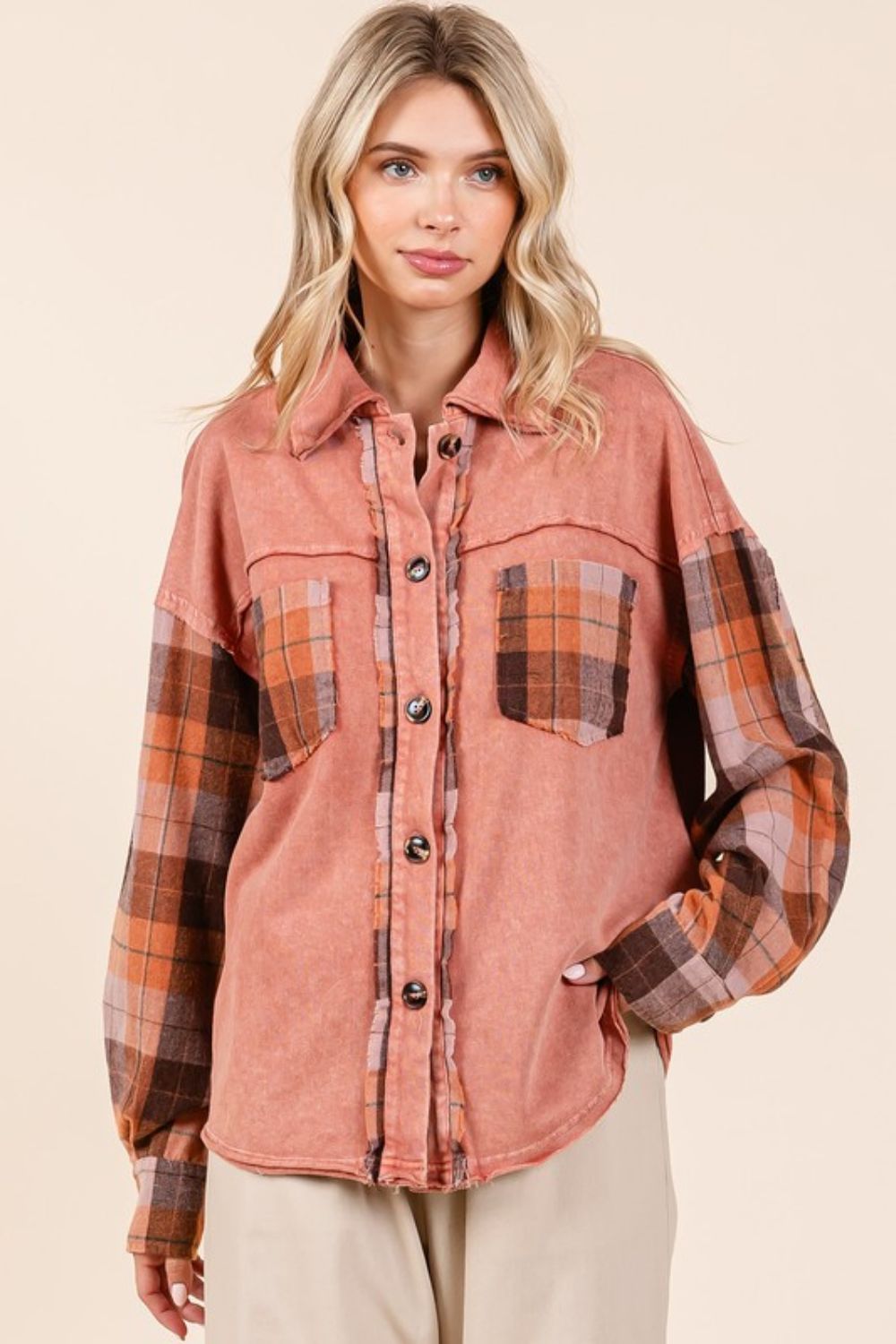 Button Down Contrast Plaid Patchwork Shacket