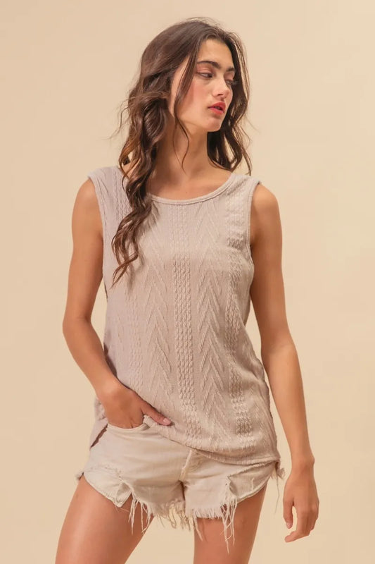 Textured Sweather Knit Twist Back Sleeveless Top