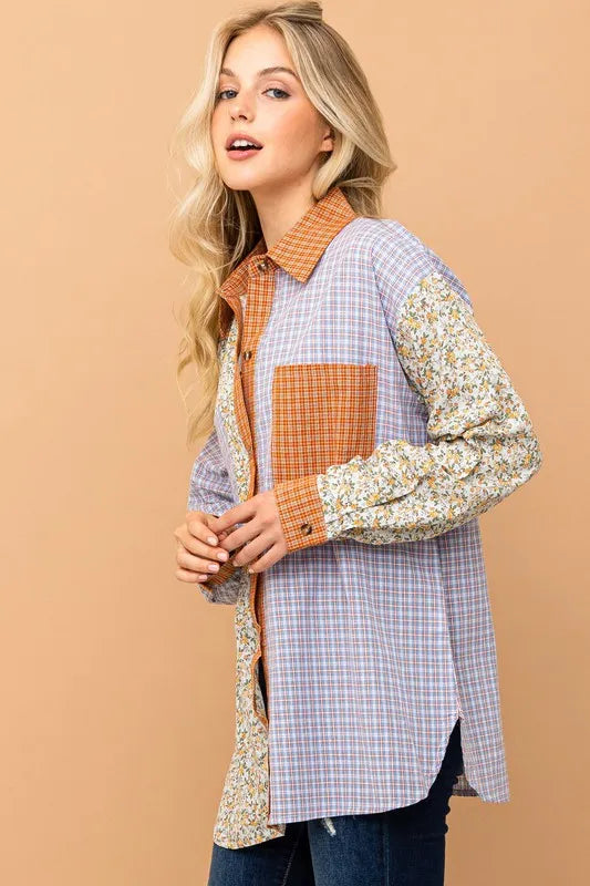 Floral and Plaid Color Block Shirts with Pocket