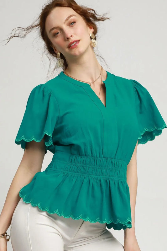 V-Neck Peplum Blouse with Scalloped Sleeves