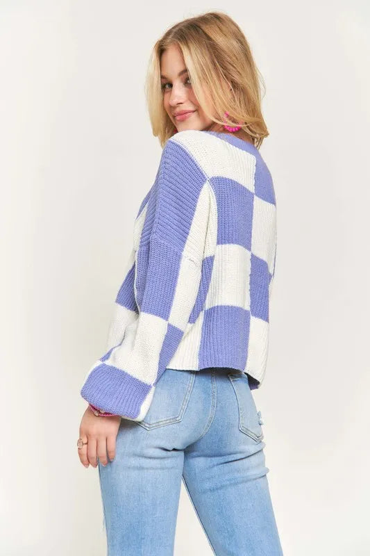 Plus Size Comfy Checkered Colorblock Sweater Top