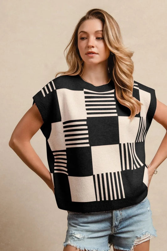 Checker With Stripes Pattern Sleeveless Sweater