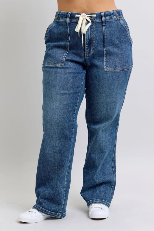 Plus Size High Waist Drawstring Wide Leg Jeans