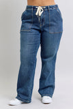 Plus Size High Waist Drawstring Wide Leg Jeans