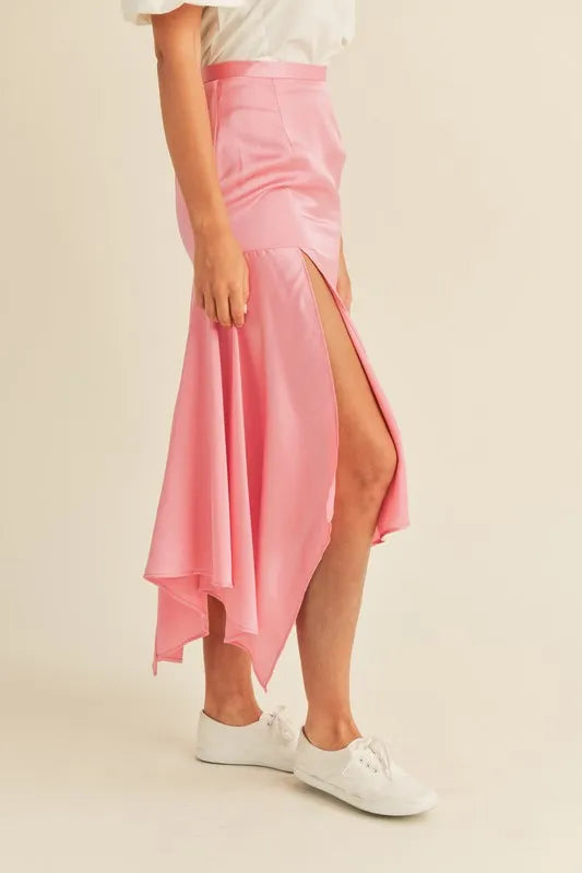 Satin Handkerchief Asymmetrical Hem Midi Skirt