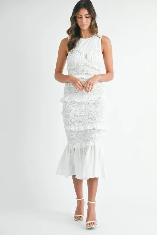 Ruffled Popcorn Smocked Mermaid Midi Dress