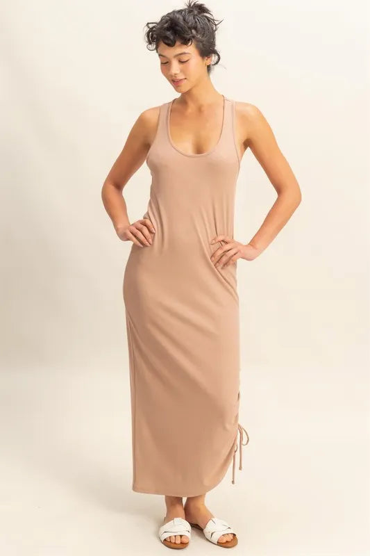 Scoop Neck Side Tie Detail Midi Dress