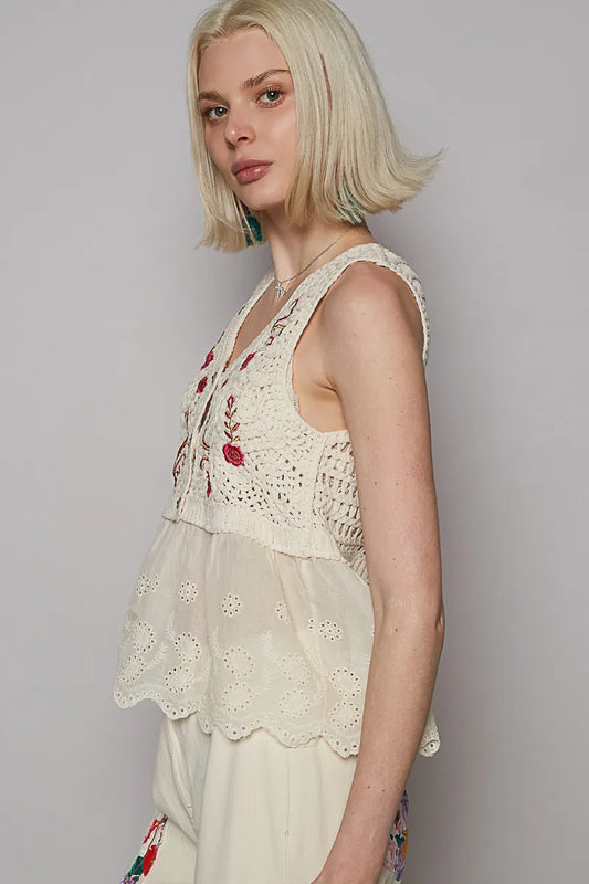 Intricate V-Neck Eyelet Peplum Top with Embroidery