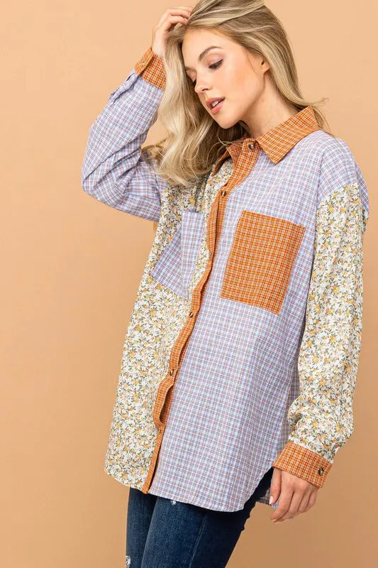 Floral and Plaid Color Block Shirts with Pocket