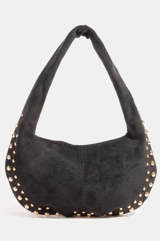 Studded Crescent Suede-Like Handbag