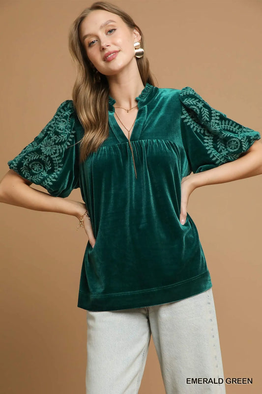 Embellished Velvet Sleeve Top