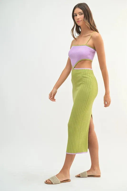 Ribbed Knit Color Block Cutout Midi Dress