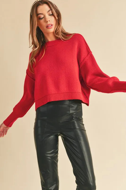 Ribbed Hem Exposed Seam Round Neck Sweater