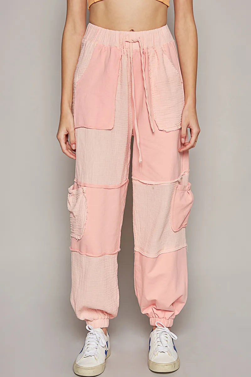 Patchwork Cargo Joggers with Drawstring Pockets