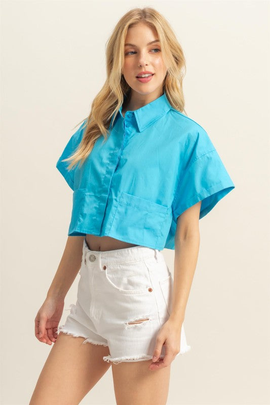 Collared Neck Short Sleeve Crop Shirt