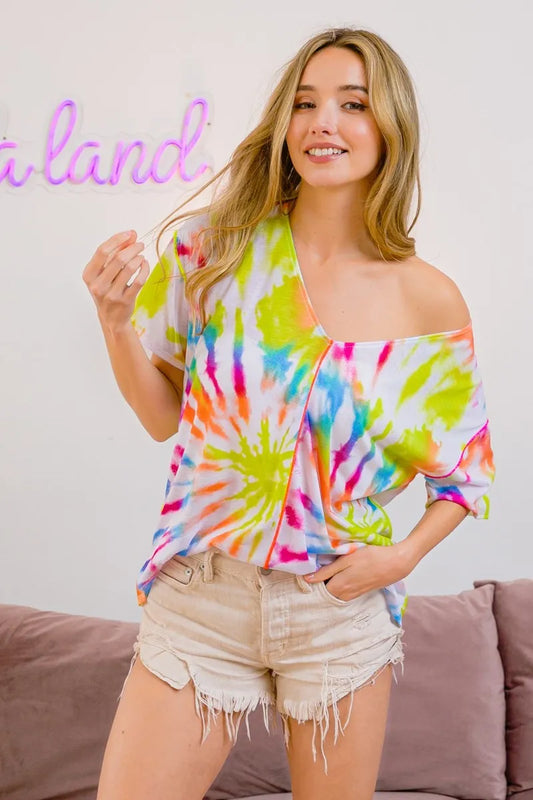 Tie Dye Print Jersey Stitched V Neck Top