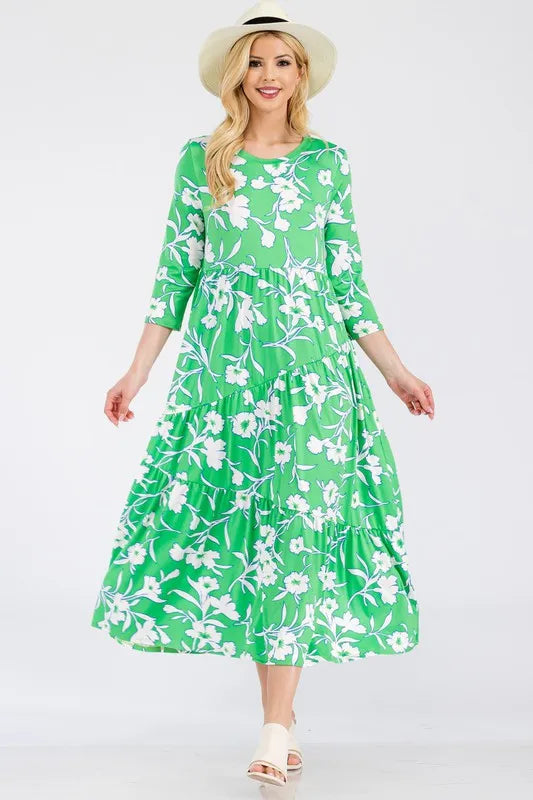 Full Size Floral Print Asymmetric Tiered Midi-Dress Plus Size