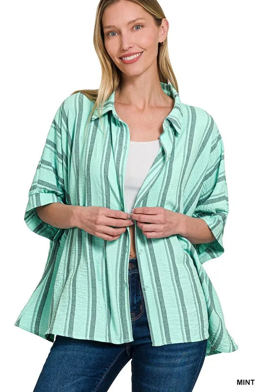 Woven Yarn-Dye Stripe Oversized Button Down Shirt